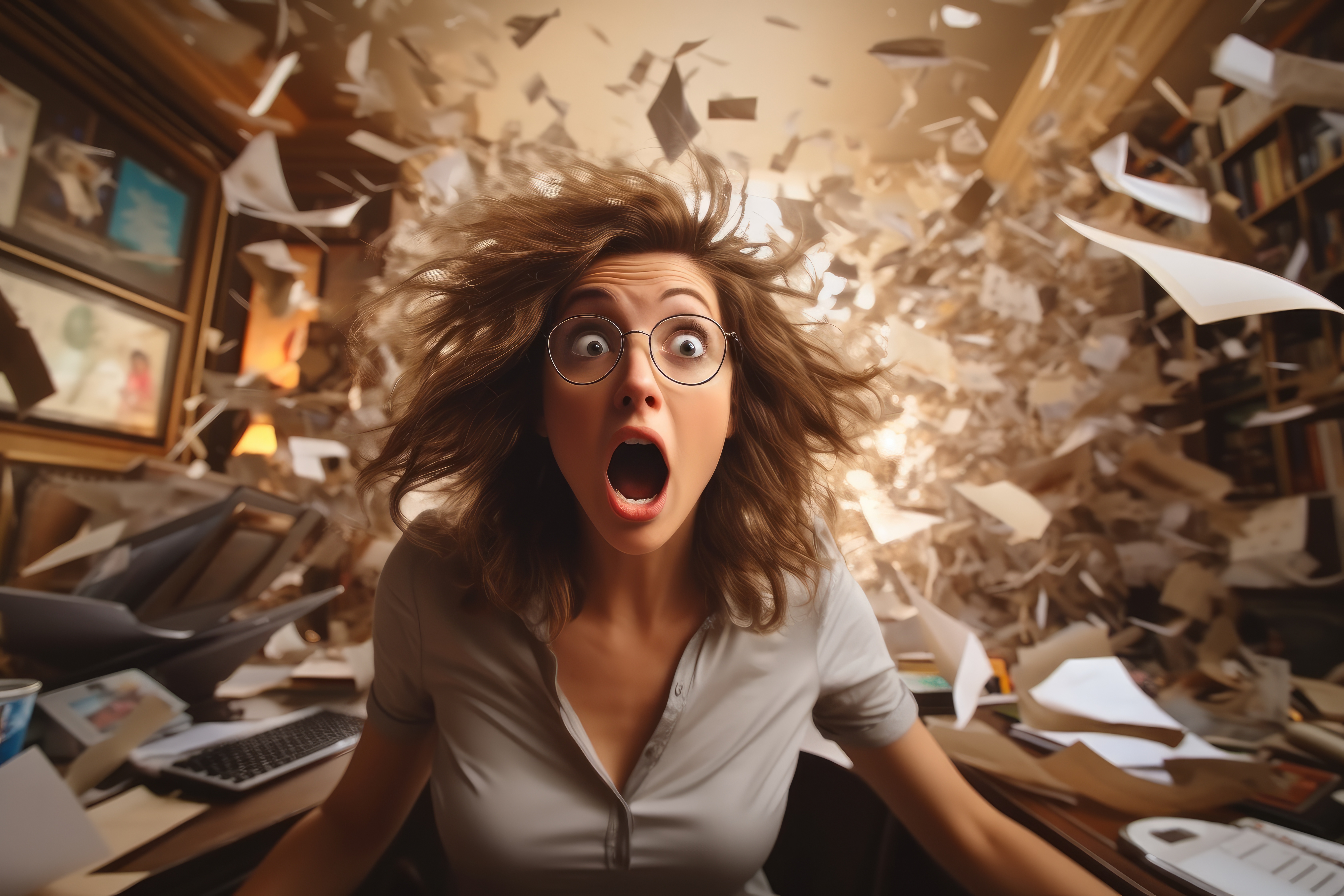 A middle aged woman at her office desk, shocked as her organized set up turns chaotic with papers flying everywhere