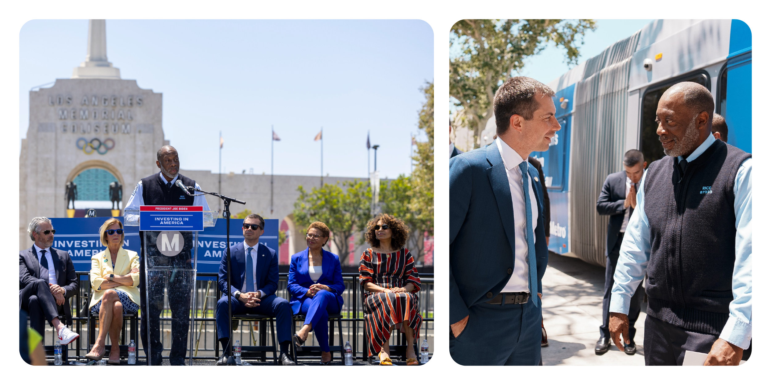 (Left) At a 2024 press event discussing LA Metro’s receipt of a $77 million grant to procure zero emission buses, Kerwin introduces then Secretary of Transportation Pete Buttigieg. (Right) Kerwin speaks with Secretary Buttigieg.